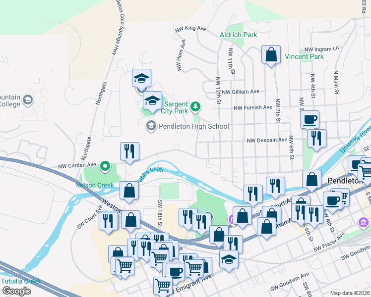 map of restaurants, bars, coffee shops, grocery stores, and more near 1417 Northwest Carden Avenue in Pendleton