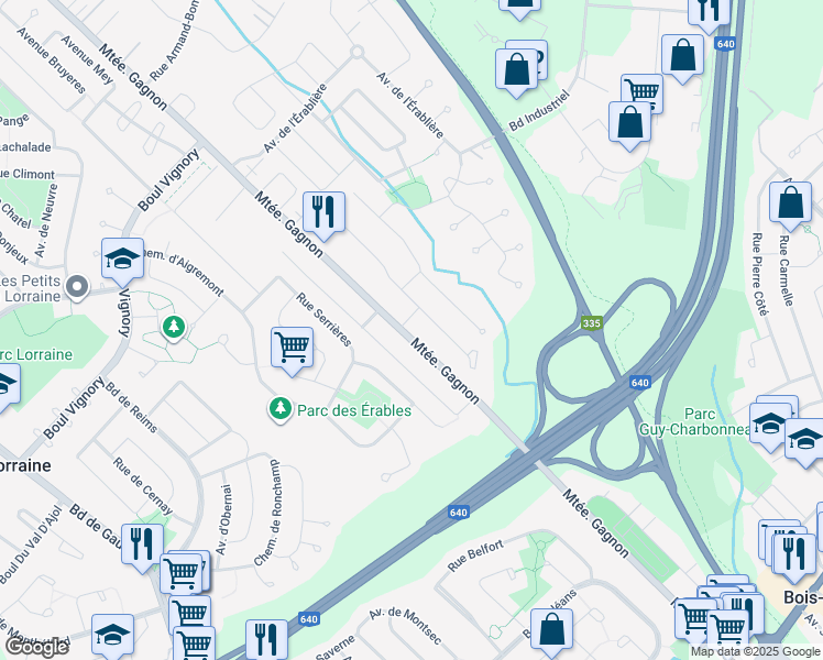 map of restaurants, bars, coffee shops, grocery stores, and more near 245 Montée Gagnon in Bois-des-Filion