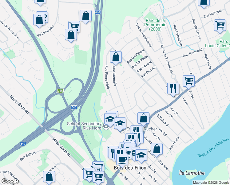 map of restaurants, bars, coffee shops, grocery stores, and more near 365 Rue Carmelle in Bois-des-Filion