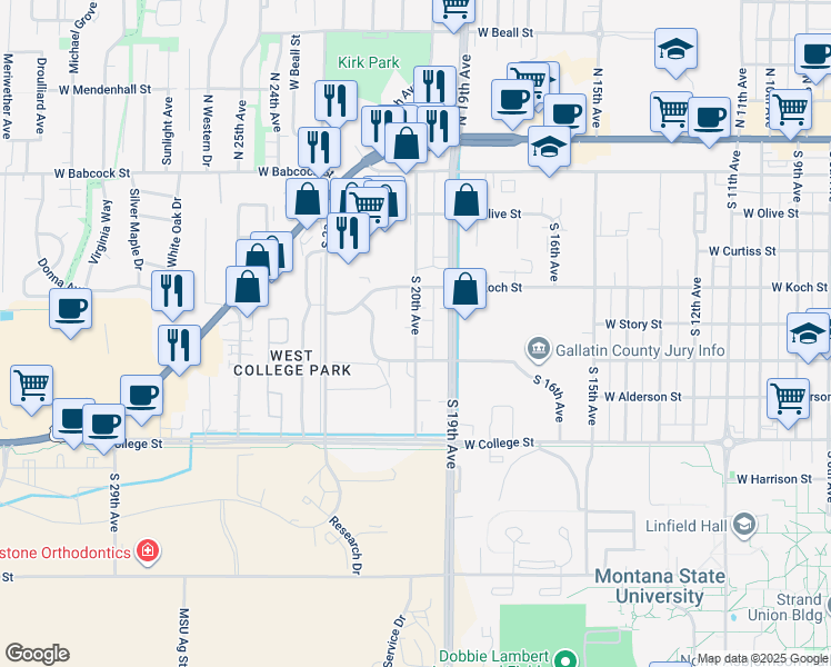 map of restaurants, bars, coffee shops, grocery stores, and more near 505 South 20th Avenue in Bozeman