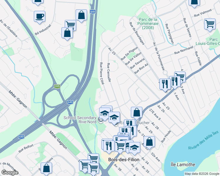 map of restaurants, bars, coffee shops, grocery stores, and more near 365 Rue Carmelle in Bois-des-Filion