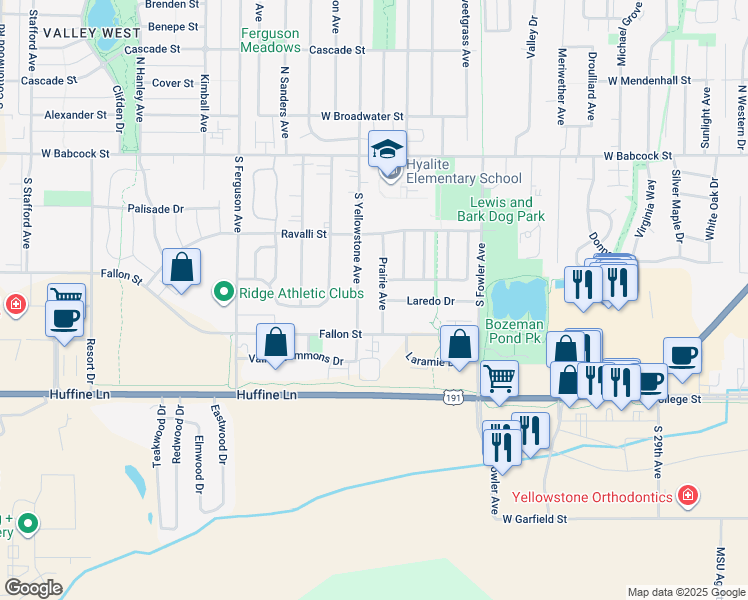map of restaurants, bars, coffee shops, grocery stores, and more near 505 Prairie Avenue in Bozeman