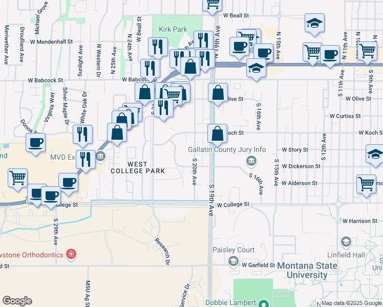 map of restaurants, bars, coffee shops, grocery stores, and more near 501 South 20th Avenue in Bozeman