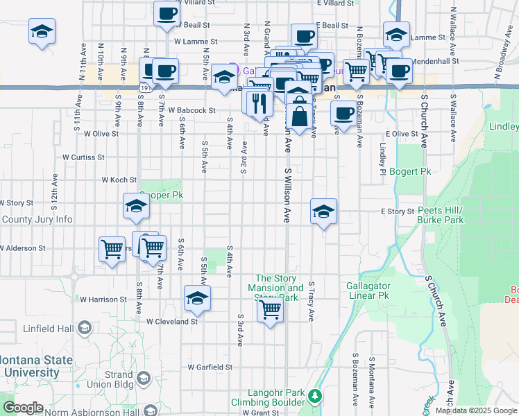 map of restaurants, bars, coffee shops, grocery stores, and more near 501 South Grand Avenue in Bozeman