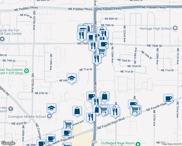 map of restaurants, bars, coffee shops, grocery stores, and more near 11603 Northeast 71st Street in Vancouver