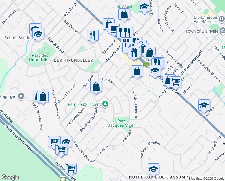 map of restaurants, bars, coffee shops, grocery stores, and more near 10 Rue Anne Hébert in Blainville