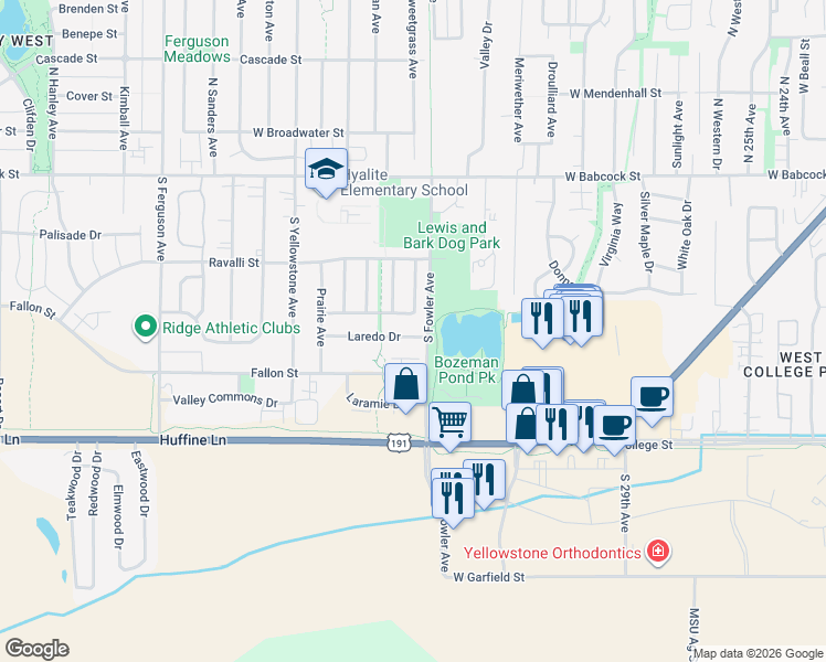 map of restaurants, bars, coffee shops, grocery stores, and more near 3305 Laredo Drive in Bozeman