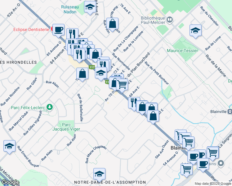 map of restaurants, bars, coffee shops, grocery stores, and more near 7 Avenue 70 Ouest in Blainville
