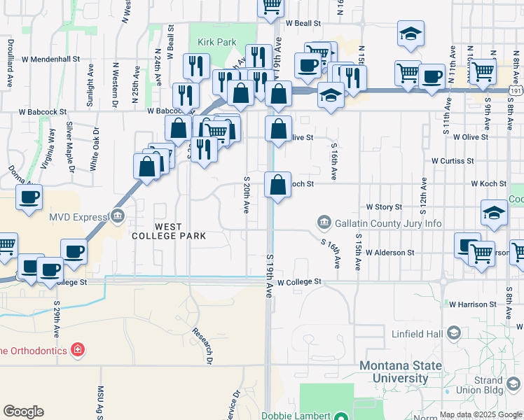 map of restaurants, bars, coffee shops, grocery stores, and more near 1907 West Dickerson Street in Bozeman