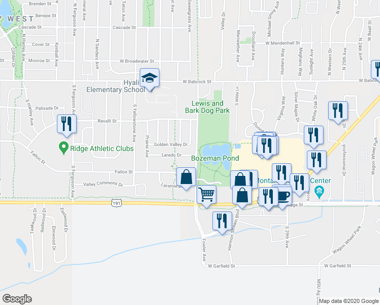 map of restaurants, bars, coffee shops, grocery stores, and more near in Bozeman