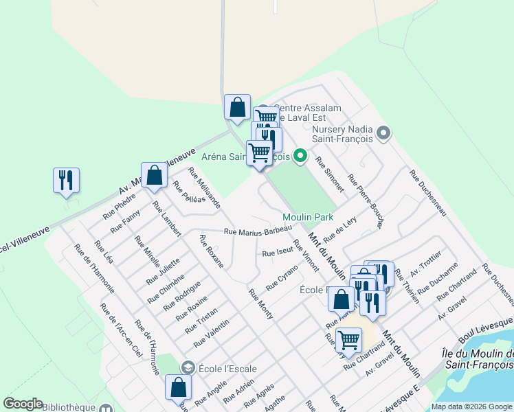 map of restaurants, bars, coffee shops, grocery stores, and more near 1120 Rue de Versailles in Laval