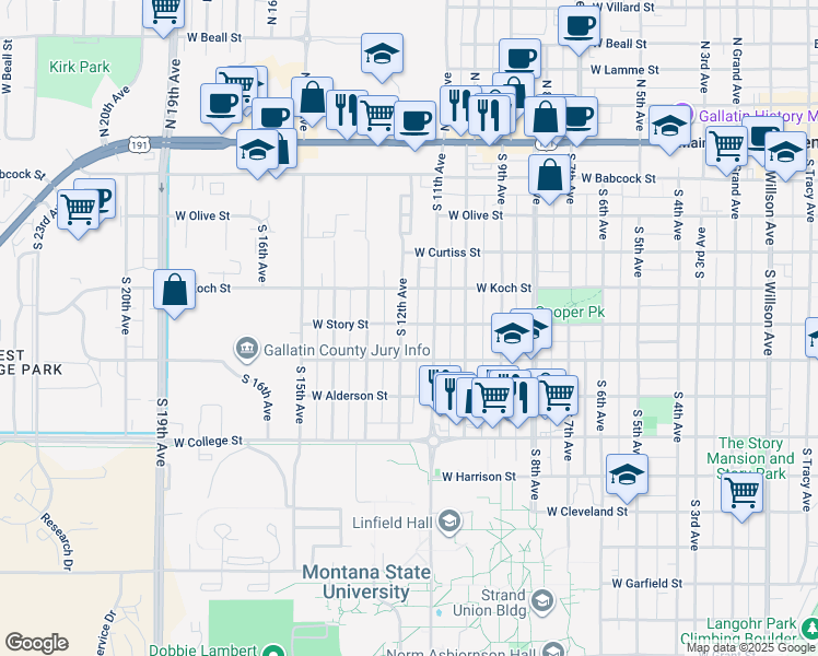 map of restaurants, bars, coffee shops, grocery stores, and more near 502 South 12th Avenue in Bozeman