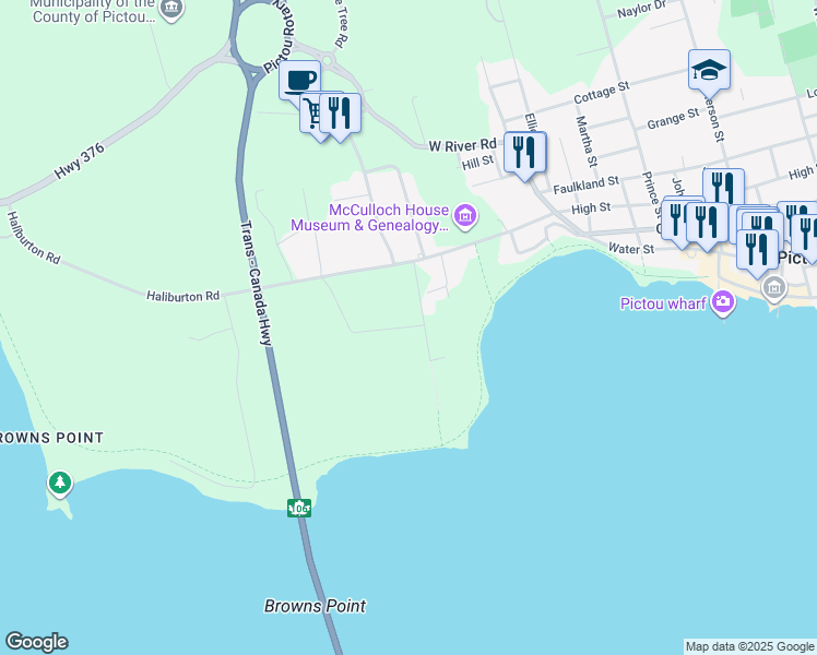 map of restaurants, bars, coffee shops, grocery stores, and more near 14 Harbour Drive in Pictou
