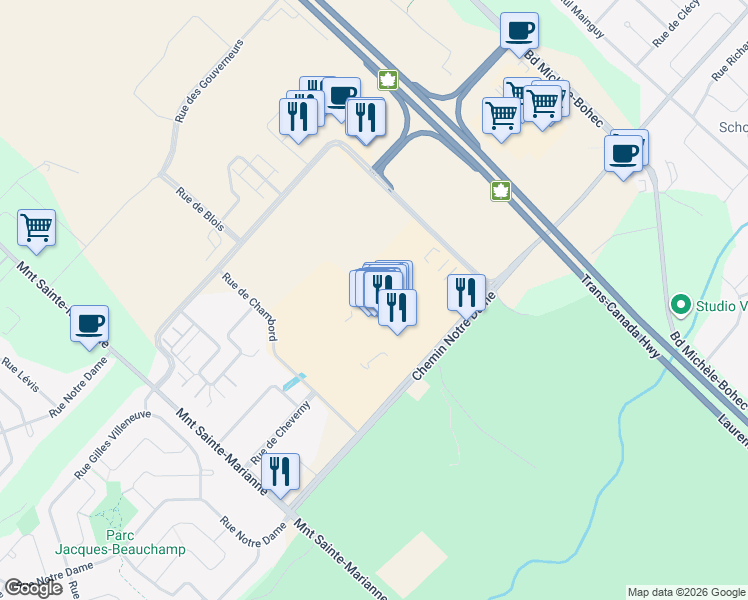 map of restaurants, bars, coffee shops, grocery stores, and more near 19001 Chemin Notre Dame in Mirabel