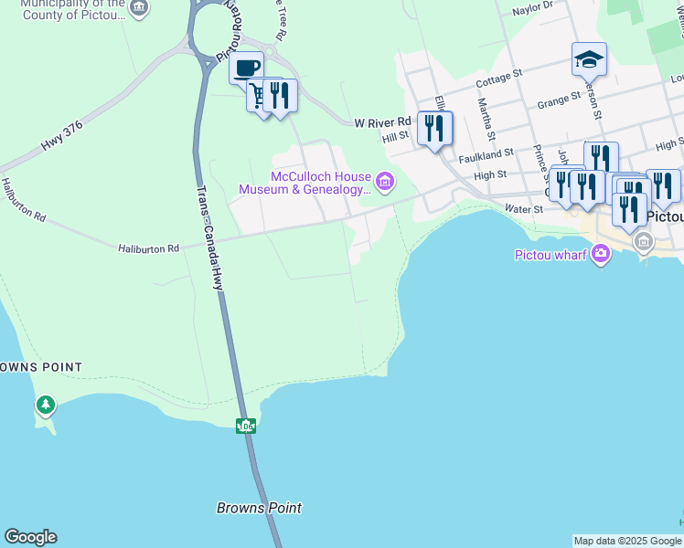 map of restaurants, bars, coffee shops, grocery stores, and more near 16 Harbour Crossing Drive in Pictou