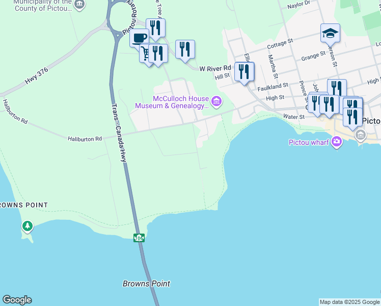 map of restaurants, bars, coffee shops, grocery stores, and more near 16 Harbour Crossing Drive in Pictou
