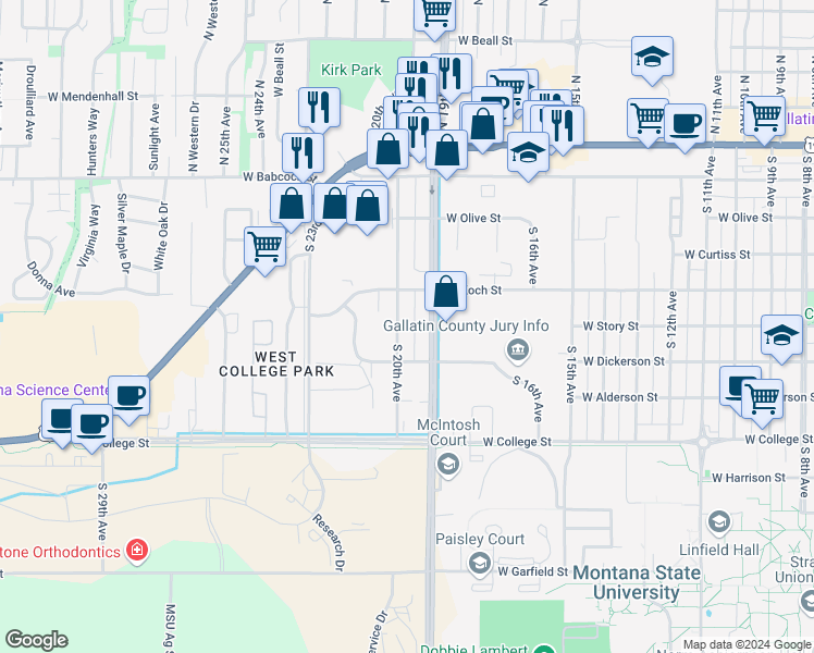 map of restaurants, bars, coffee shops, grocery stores, and more near 1902 West Koch Street in Bozeman