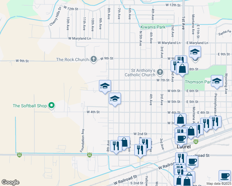 map of restaurants, bars, coffee shops, grocery stores, and more near 607 8th Avenue in Laurel