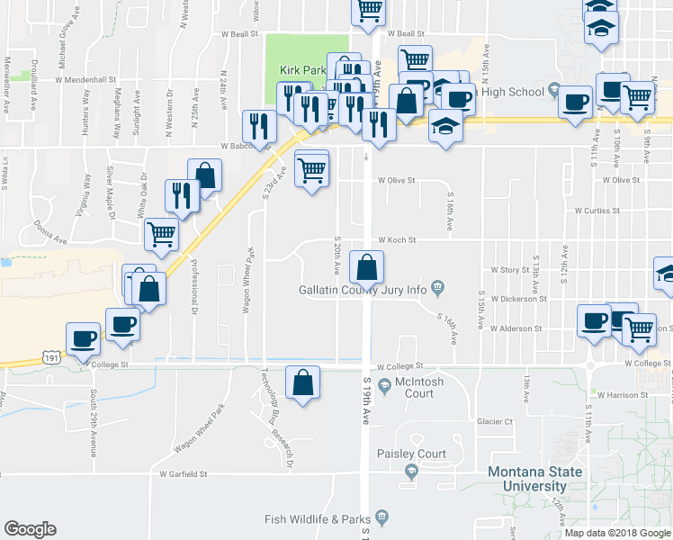 map of restaurants, bars, coffee shops, grocery stores, and more near 2004 West Koch Street in Bozeman
