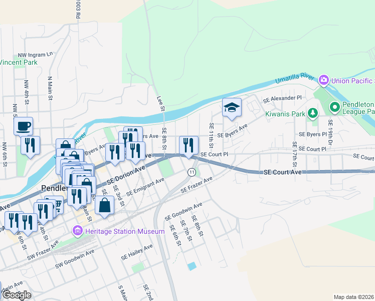 map of restaurants, bars, coffee shops, grocery stores, and more near 920 Southeast Byers Avenue in Pendleton
