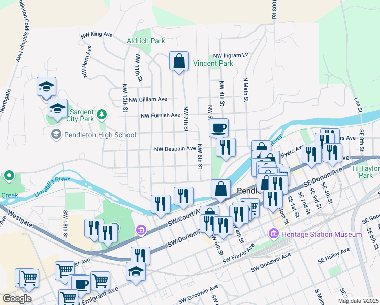 map of restaurants, bars, coffee shops, grocery stores, and more near 312 Northwest 7th Street in Pendleton