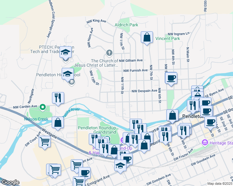 map of restaurants, bars, coffee shops, grocery stores, and more near 309 Northwest 11th Street in Pendleton