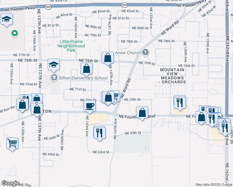 map of restaurants, bars, coffee shops, grocery stores, and more near 7117 Northeast 147th Avenue in Vancouver