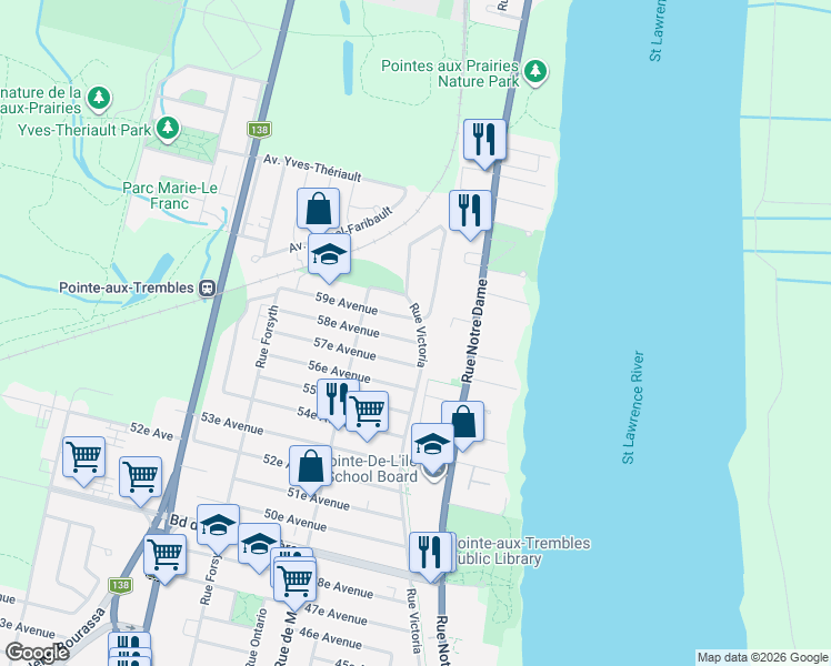 map of restaurants, bars, coffee shops, grocery stores, and more near 14465 Rue Victoria in Montréal