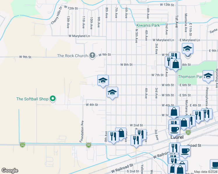 map of restaurants, bars, coffee shops, grocery stores, and more near 607 8th Avenue in Laurel