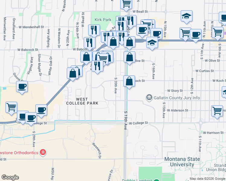 map of restaurants, bars, coffee shops, grocery stores, and more near 413 South 20th Avenue in Bozeman