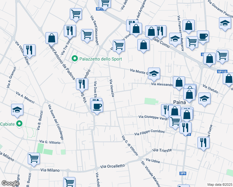 map of restaurants, bars, coffee shops, grocery stores, and more near 44 Via Vicenza in Paìna