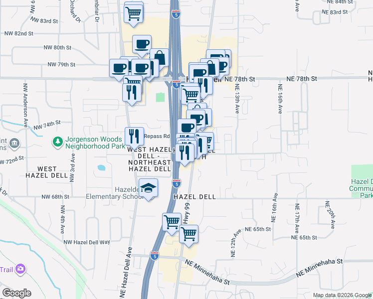 map of restaurants, bars, coffee shops, grocery stores, and more near 7120 NE Hwy 99 in Vancouver