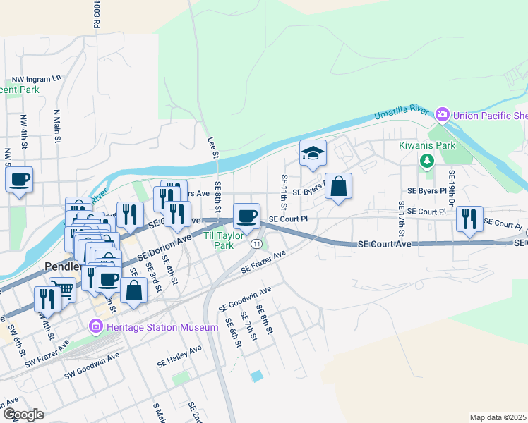 map of restaurants, bars, coffee shops, grocery stores, and more near 121 Southeast 10th Street in Pendleton
