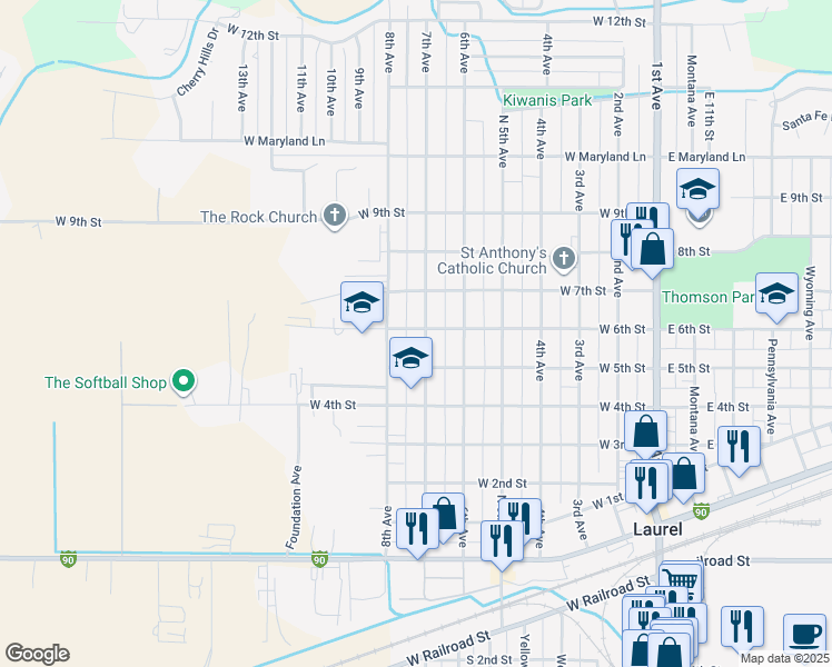 map of restaurants, bars, coffee shops, grocery stores, and more near 520 7th Avenue in Laurel