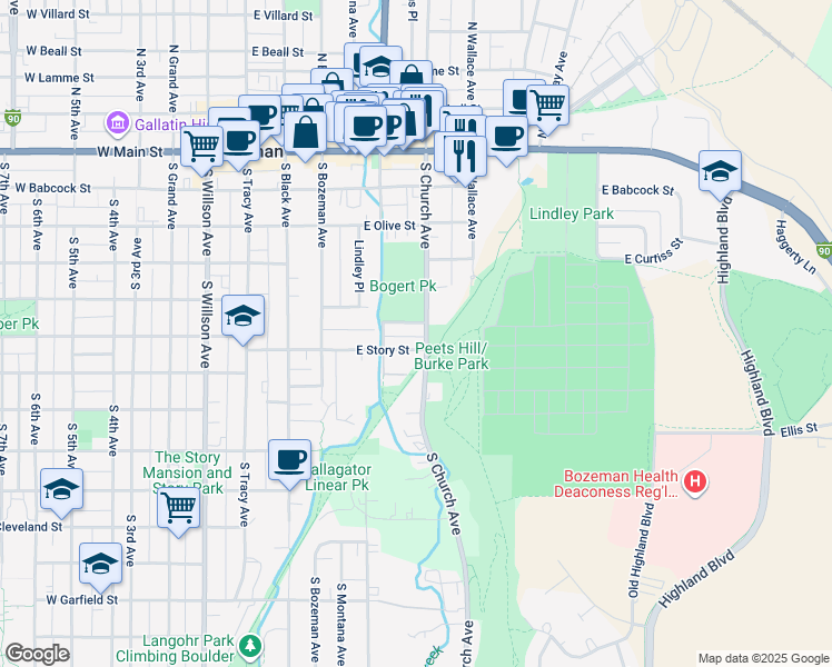map of restaurants, bars, coffee shops, grocery stores, and more near 336-398 S Church Ave in Bozeman