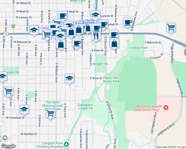 map of restaurants, bars, coffee shops, grocery stores, and more near 226 East Koch Street in Bozeman