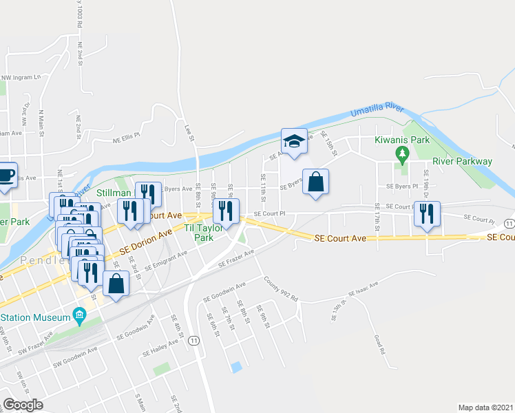 map of restaurants, bars, coffee shops, grocery stores, and more near 1012 Southeast Byers Avenue in Pendleton