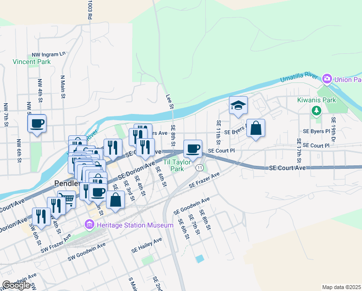 map of restaurants, bars, coffee shops, grocery stores, and more near 812 Southeast Byers Avenue in Pendleton