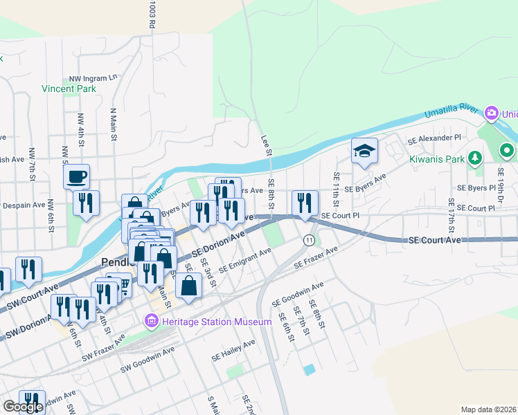 map of restaurants, bars, coffee shops, grocery stores, and more near 702 Southeast Byers Avenue in Pendleton