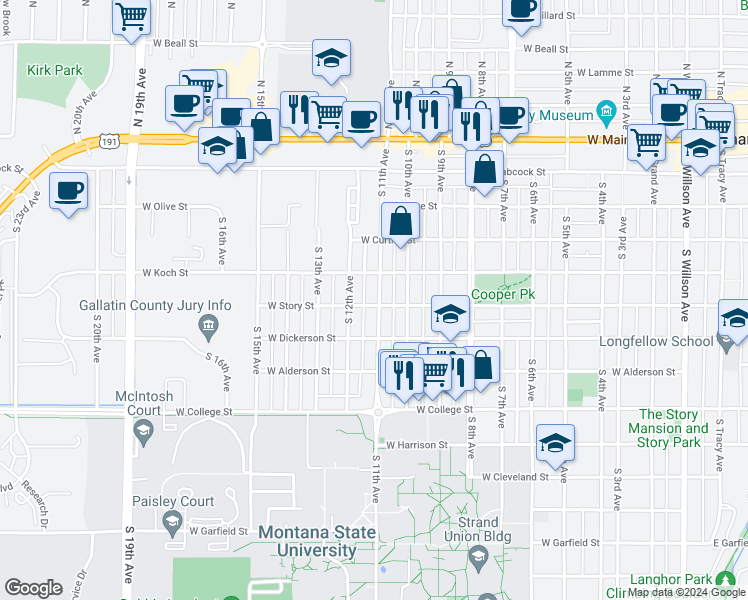 map of restaurants, bars, coffee shops, grocery stores, and more near 421 South 11th Avenue in Bozeman