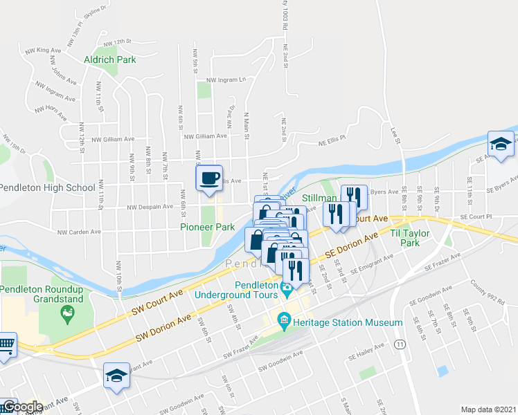 map of restaurants, bars, coffee shops, grocery stores, and more near 214 North Main Street in Pendleton