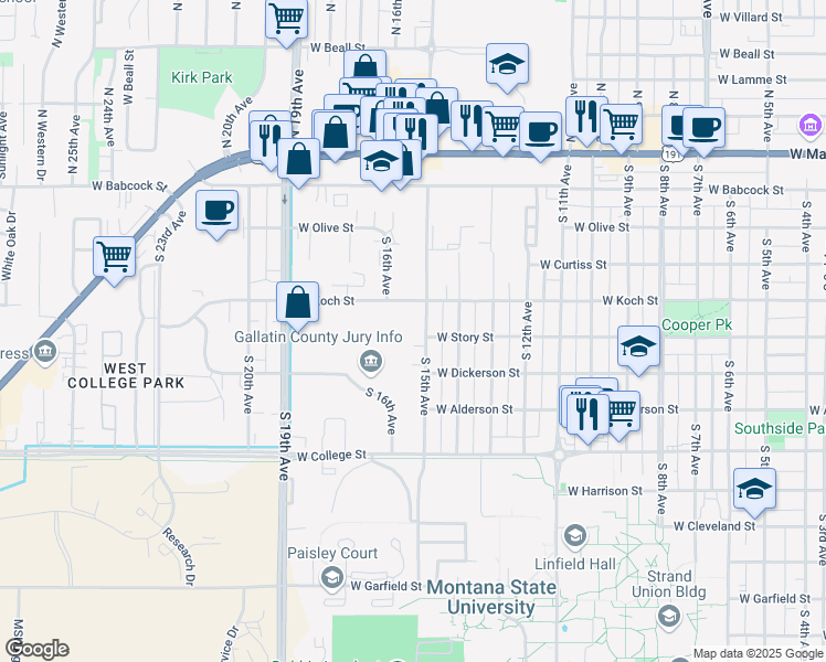 map of restaurants, bars, coffee shops, grocery stores, and more near 501 South 15th Avenue in Bozeman