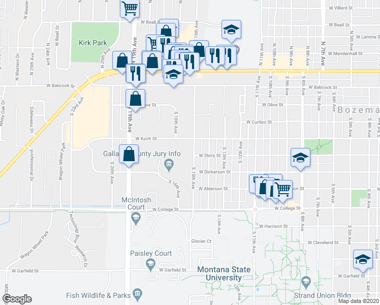 map of restaurants, bars, coffee shops, grocery stores, and more near 1420 West Koch Street in Bozeman