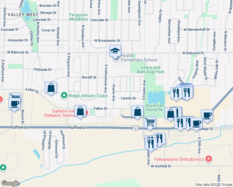 map of restaurants, bars, coffee shops, grocery stores, and more near 401 Powder River Avenue in Bozeman