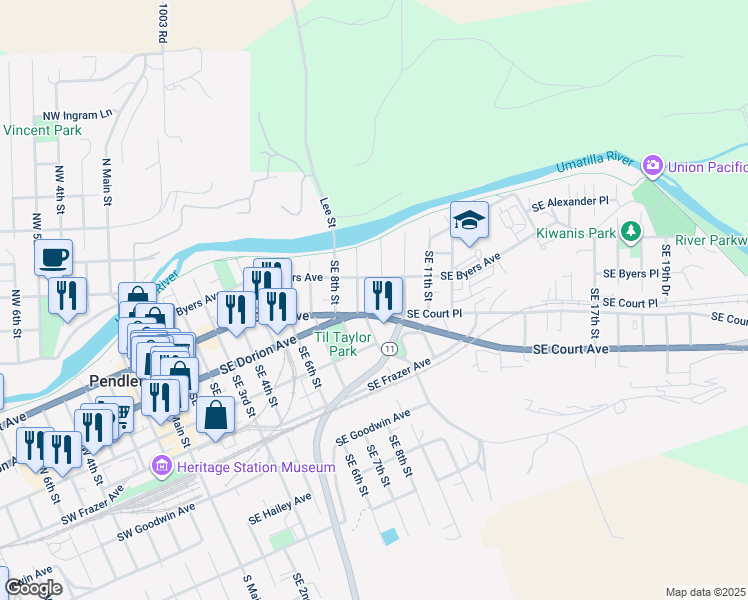map of restaurants, bars, coffee shops, grocery stores, and more near 920 Southeast Byers Avenue in Pendleton