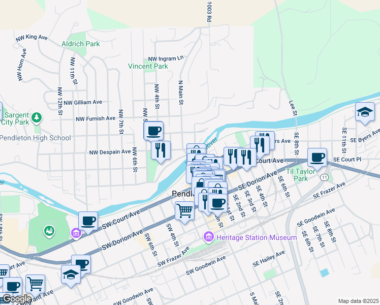 map of restaurants, bars, coffee shops, grocery stores, and more near 214 North Main Street in Pendleton