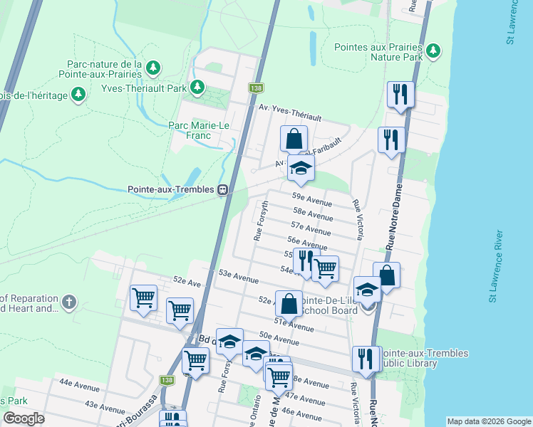 map of restaurants, bars, coffee shops, grocery stores, and more near 14410 Rue Forsyth in Montréal