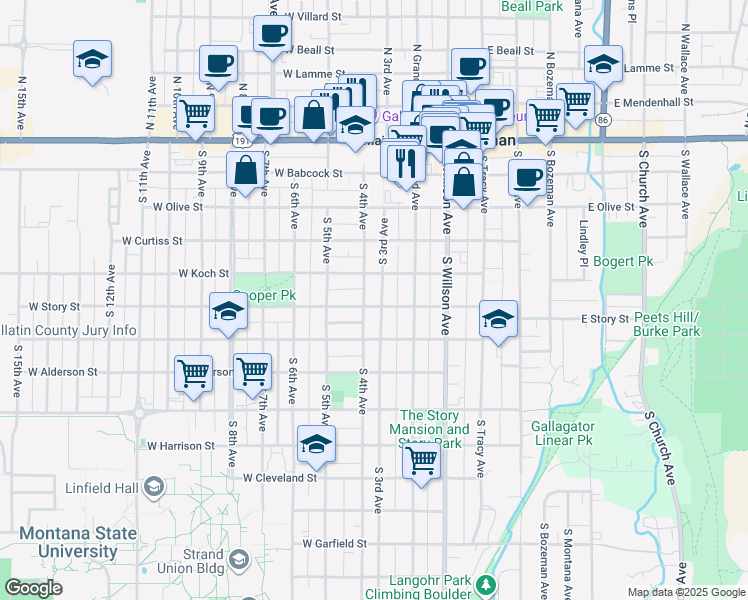 map of restaurants, bars, coffee shops, grocery stores, and more near 407 South 3rd Avenue in Bozeman