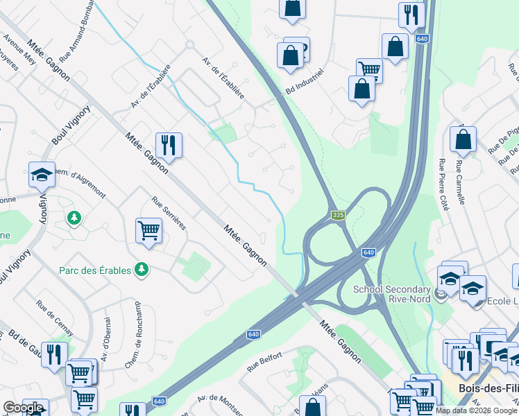 map of restaurants, bars, coffee shops, grocery stores, and more near 7 Avenue des Sorbiers in Bois-des-Filion