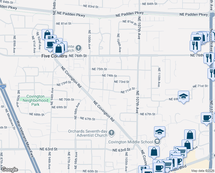 map of restaurants, bars, coffee shops, grocery stores, and more near 7201 Northeast 102nd Court in Vancouver